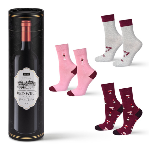 Set de 3 divertidos calcetines SOXO Vino tinto para mujer en tubo de regalo 