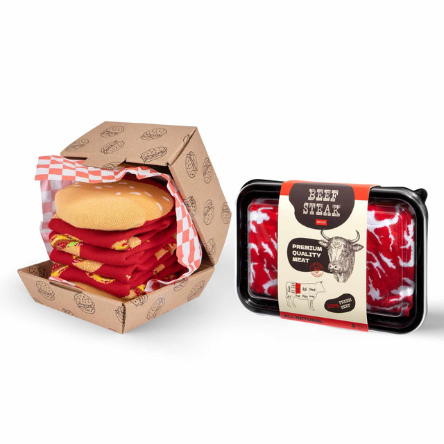 Juego de calcetines de carne y calcetines de hamburguesa en una caja