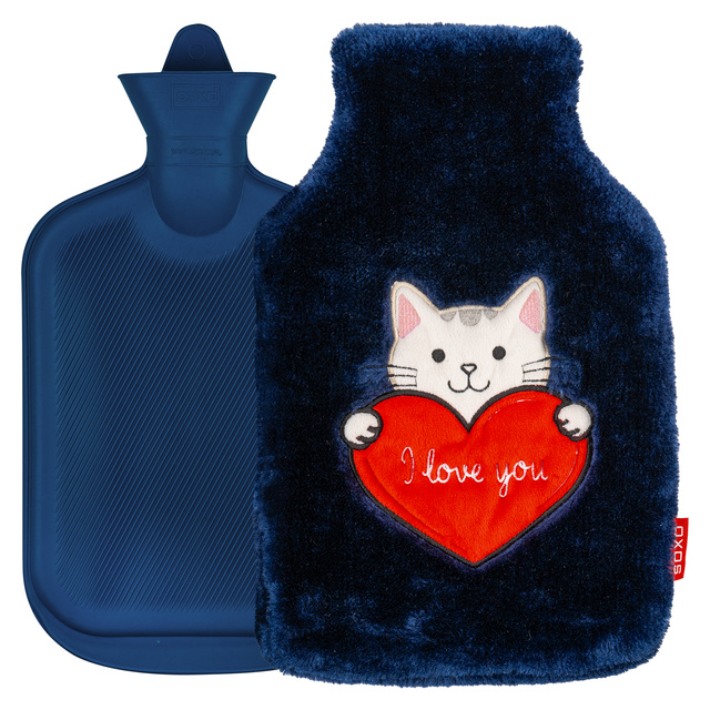 Bolsa de agua caliente SOXO gatito con corazón, azul marino, 1,8 L