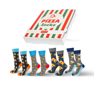 Juego de 4 calcetines de hombre SOXO GOOD STUFF en una caja de pizza