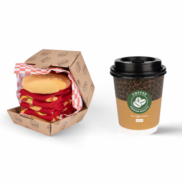 Juego de calcetines Café en taza y Hamburguesa en caja