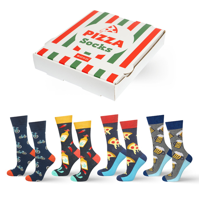 Juego de 4 calcetines de hombre SOXO GOOD STUFF en una caja de pizza