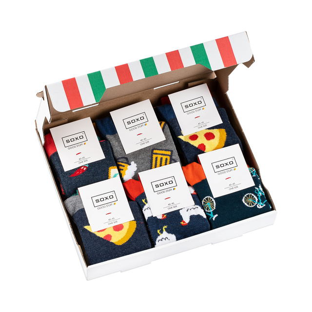 Juego de 6 calcetines coloridos SOXO GOOD STUFF para hombre en una caja de pizza