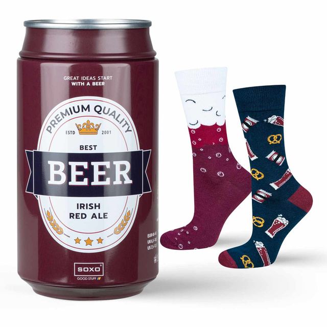 Calcetines coloridos de SOXO GOOD STUFF para hombre, divertida cerveza roja irlandesa en una lata de regalo