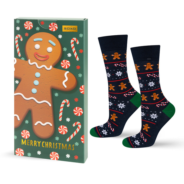 Calcetines con muñeco de jengibre en tarjeta navideña