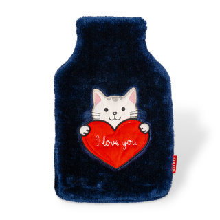 Bolsa de agua caliente SOXO gatito con corazón, azul marino, 1,8 L