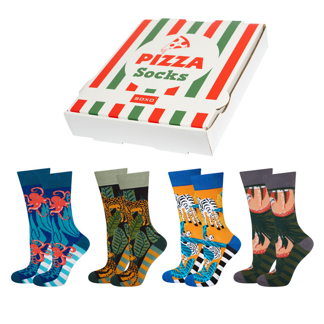 Juego de 4 calcetines de hombre SOXO GOOD STUFF en una caja de pizza