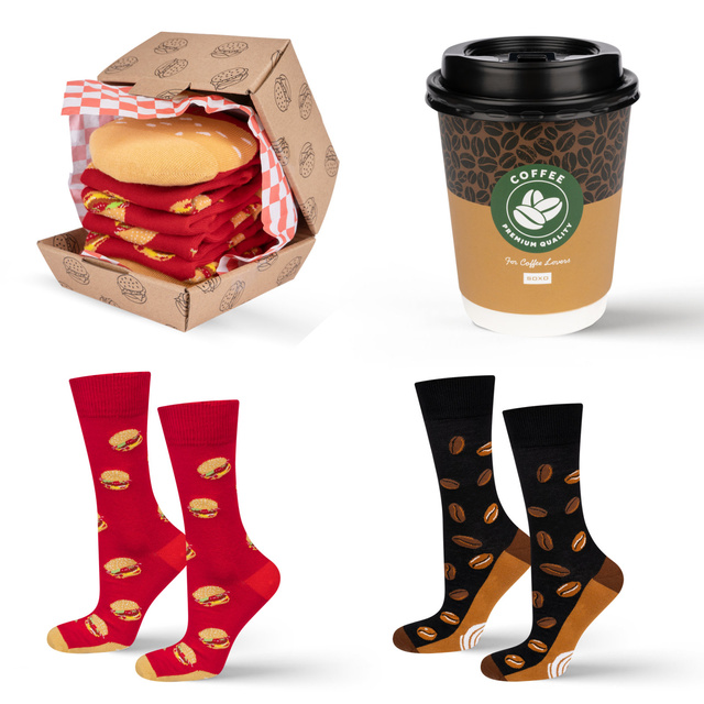 Juego de calcetines Café en taza y Hamburguesa en caja