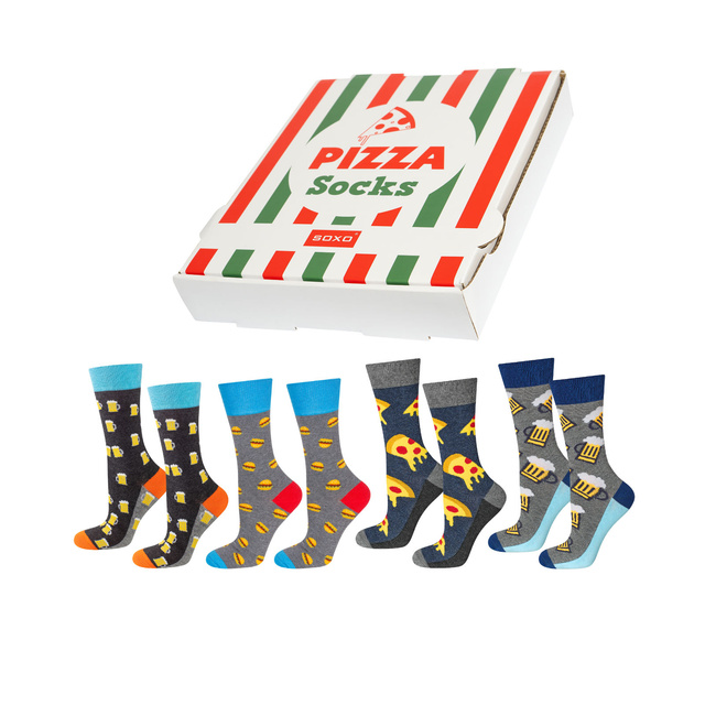 Juego de 4 calcetines de hombre SOXO GOOD STUFF en una caja de pizza