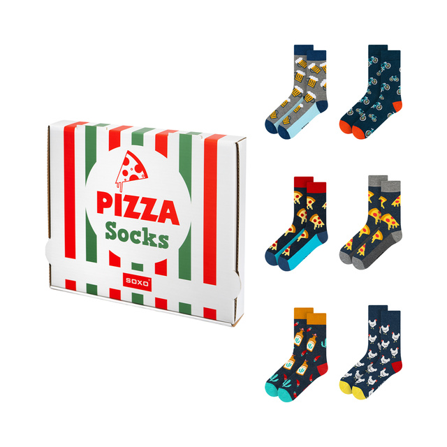 Juego de 6 calcetines coloridos SOXO GOOD STUFF para hombre en una caja de pizza