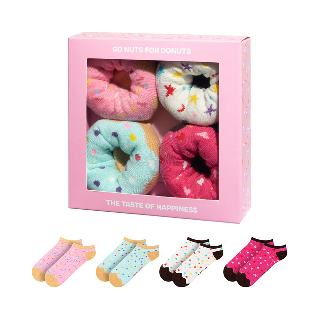 Juego de 4 calcetines SOXO para mujer en forma de donuta en una caja