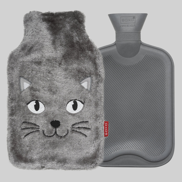 Botella de agua caliente GRANDE 1.8L calentador SOXO gris con funda de pelo peluche REGALO