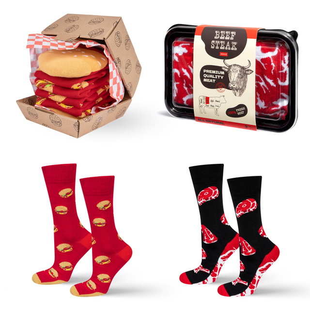 Juego de calcetines de carne y calcetines de hamburguesa en una caja