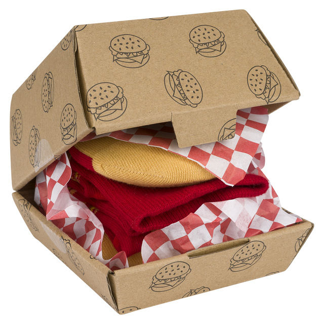 Juego de calcetines de carne y calcetines de hamburguesa en una caja