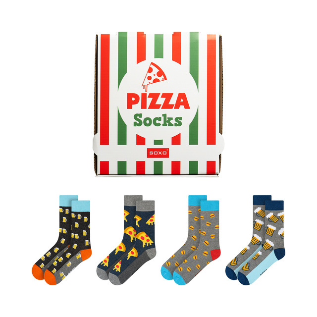 Juego de 4 calcetines de hombre SOXO GOOD STUFF en una caja de pizza