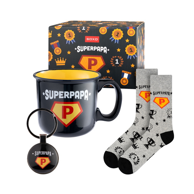 Conjunto de calcetines Super Papa para hombre en taza con llavero