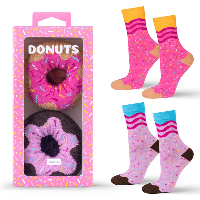 Juego de 2 calcetines Soxo Donut para mujer en una caja | Perfecto para un regalo | divertido y feliz | rosa