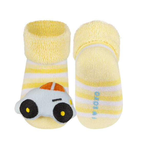 Calcetines de bebé SOXO amarillos con sonajero de coche 3D