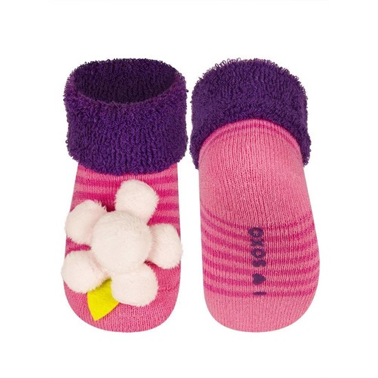 Calcetines de bebé SOXO rosa con flor 3D sonajero