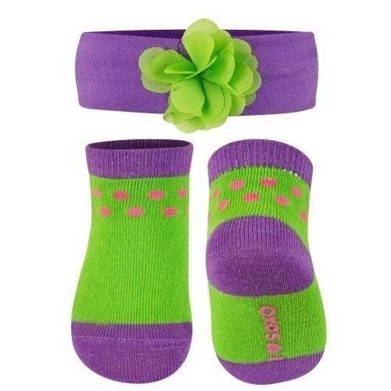 Conjunto bebé calcetines SOXO verde violeta con diadema
