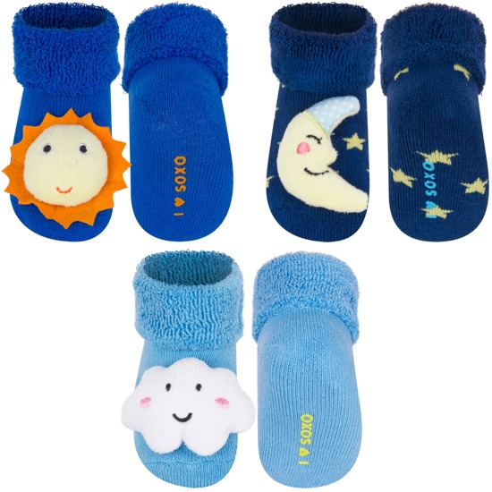 Conjunto de 3 calcetines de bebé azules SOXO con un sonajero de mariquita 3D