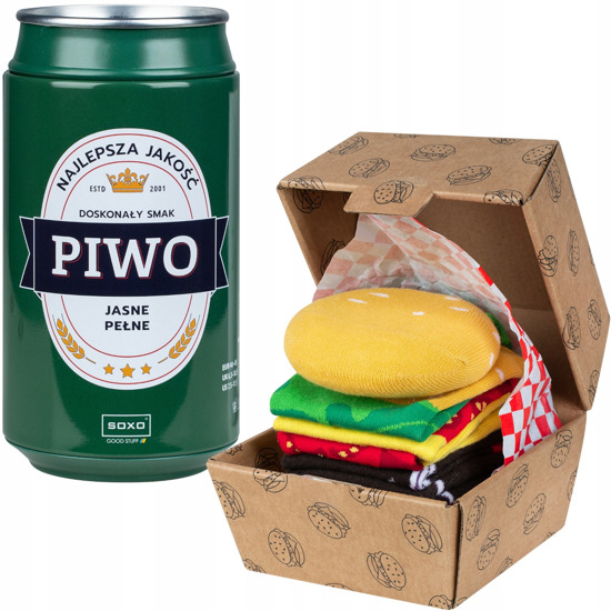 Juego de 2x calcetines coloridos SOXO Hamburger en una caja y una lata de cerveza