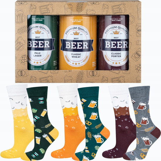 Juego de 3 calcetines coloridos SOXO GOOD STUFF para hombre con cerveza divertida en una lata para regalo