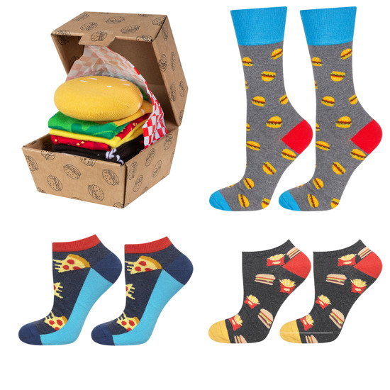 Juego de 4 calcetines coloridos SOXO Hamburger en caja de pizza