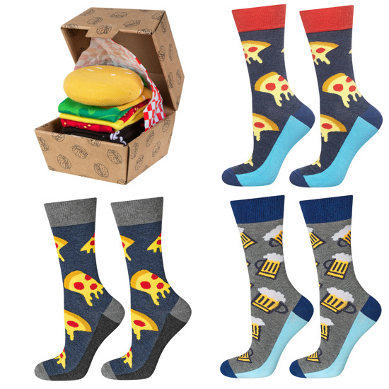 Juego de 4 calcetines para hombre Colorful SOXO Hamburger en caja de pizza y cerveza