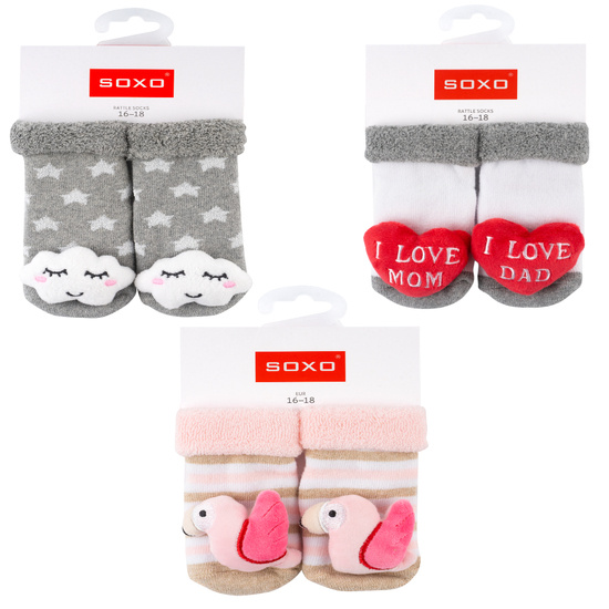 Set de 3 calcetines de colores para bebé SOXO con sonajero