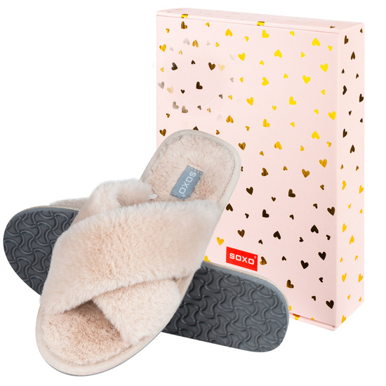 Zapatillas de casa de mujer SOXO de color beige suave en caja de regalo con pegatinas