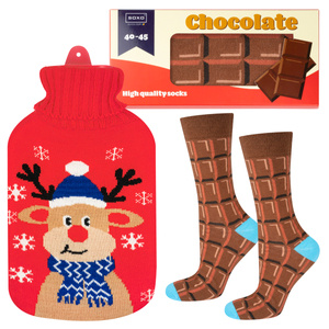 Un conjunto de calcetines de hombre SOXO barra de chocolate y botella de agua caliente de Navidad reno | regalo de Navidad
